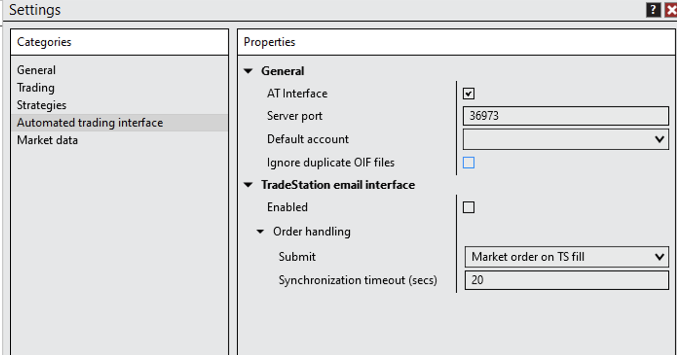NinjaTrader Automated trading interface settings with AT Interface enabled