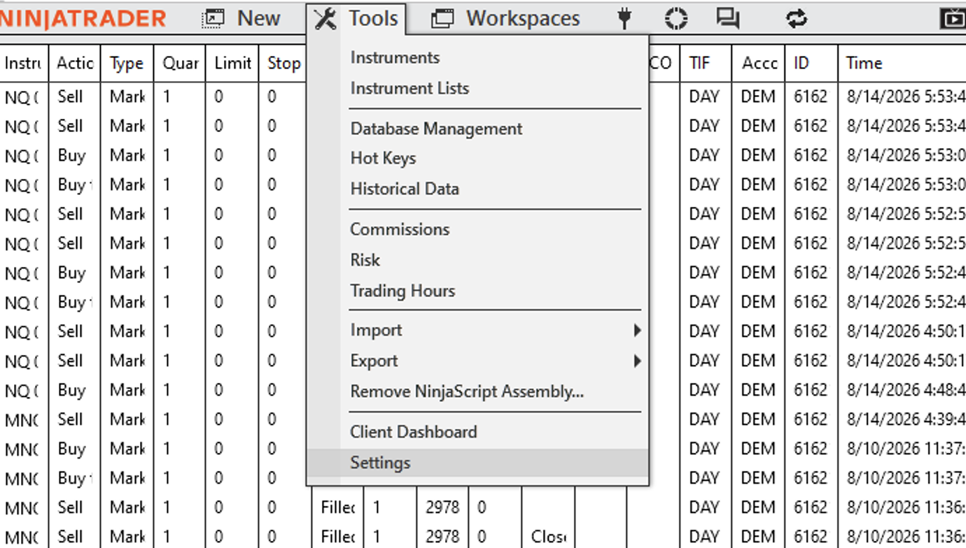 NinjaTrader Tools menu with Settings selected